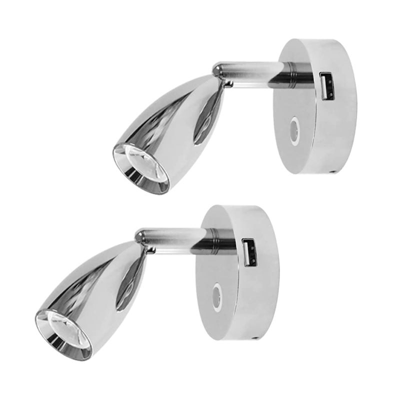 THALASSA 12V RV Spotlight USB Reading Light - Dimmable Touch Switch with Blue Circle Night Light, Polished Chrome, Surface Mounted on Trailer Caravan Boat Interior as Bedside Light Book Lamp, 2 Pack - Image 1